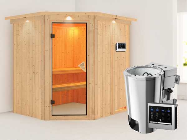 Sauna Systemsauna Lilja mit Dachkranz, inkl. Plug & Play Bio-Ofen externe Steuerung