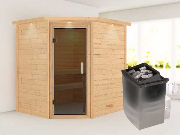 Sauna Massivholzsauna Mia mit Dachkranz, inkl. 9 kW Ofen mit integrierter Steuerung