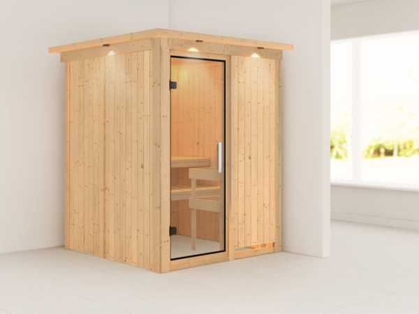 Sauna Systemsauna Norin mit Dachkranz, Klarglas Ganzglastür