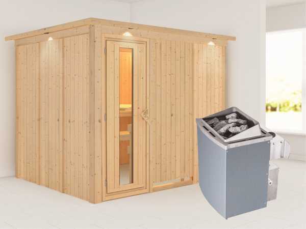 Systemsauna Gobin mit Dachkranz, Holztür mit Isolierglas, inkl. 9 kW Saunaofen integr. Steuerung