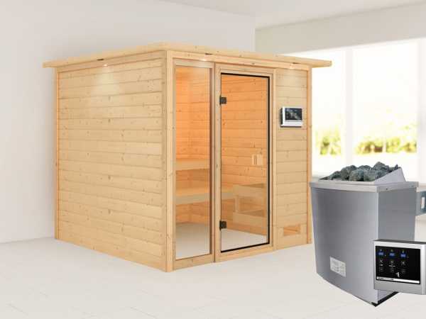 Sauna Jutta mit bronzierter Glastür und Dachkranz + 9 kW Saunaofen ext. Strg.