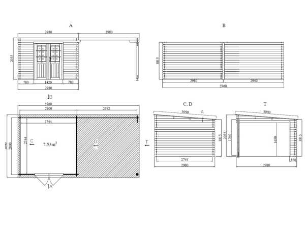 Gartenhaus Blockbohlenhaus CA2977 28 mm naturbelassen mit 3 m Anbau