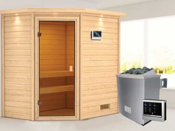 Sauna "Jella" mit bronzierter Glastür und Dachkranz + 9 kW Saunaofen ext. Strg.