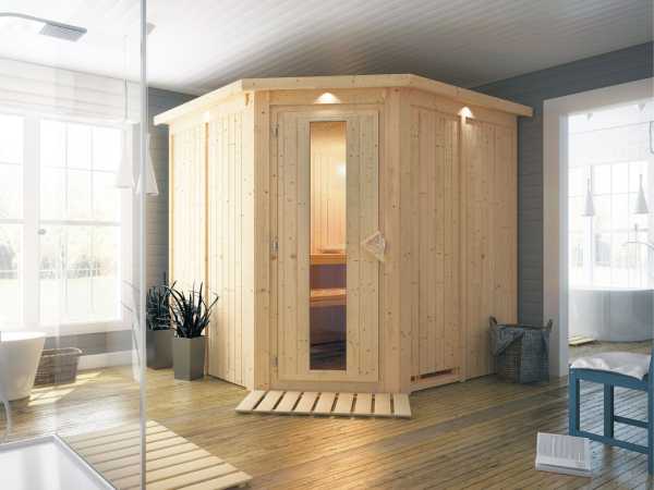 Systemsauna Jarin mit Dachkranz, Holztür mit Isolierglas