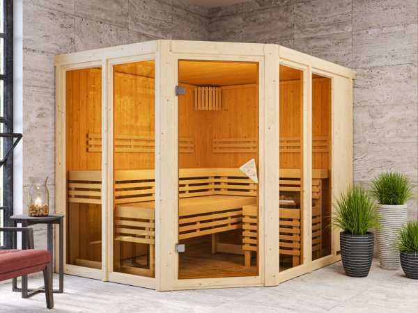 Sauna Systemsauna Nuri Sparset inklusive 9 kW Saunaofen M90 Top Steel mit integrierter Steuerung