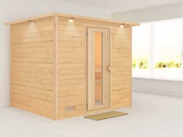 Massivholzsauna Sonara mit Dachkranz Holztür mit Isolierglas