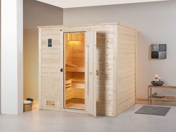 Sauna Massivholzsauna Bergen 1.8 HT isolierte Holztür mit Glasausschnitt