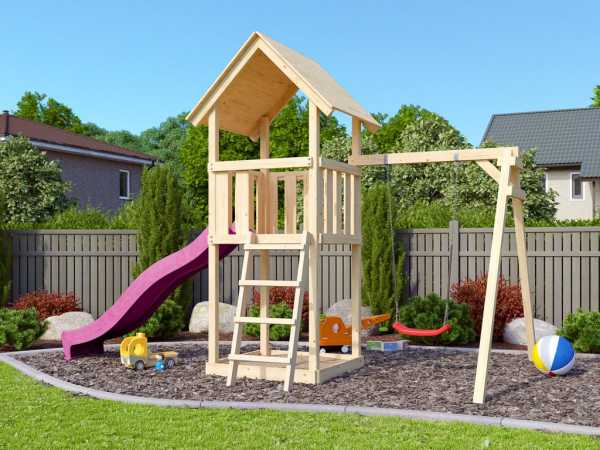 Spielturm SPARSET "Lotti" naturbelassen inkl. Rutsche violett + Einzelschaukel