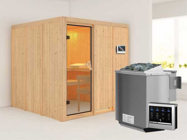 Systemsauna Rodin bronzierte Ganzglastür, inkl. 9 kW Bio-Kombiofen ext. Steuerung