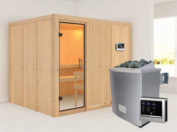 Sauna Systemsauna Gobin Klarglas Ganzglastür + 9 kW Saunaofen mit ext.Strg