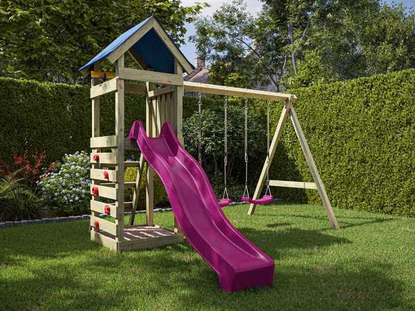 Spielturm Easy KDI inkl. Doppelschaukel inkl. Rutsche pink + Sitze pink