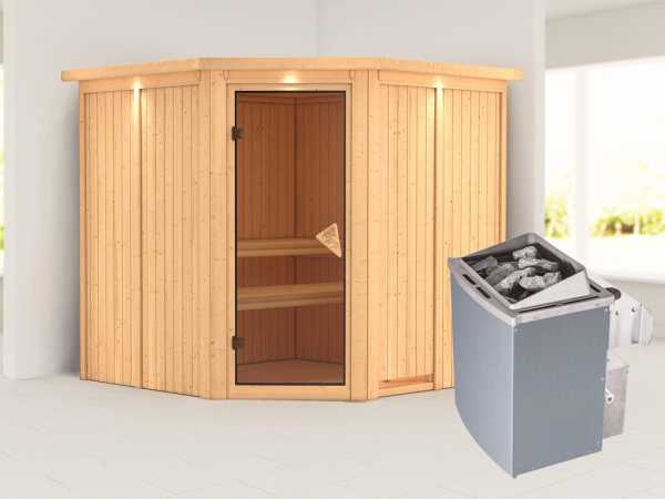 Systemsauna Jarin mit Dachkranz, bronzierte Ganzglastür, inkl. 9 kW Saunaofen integr. Steuerung