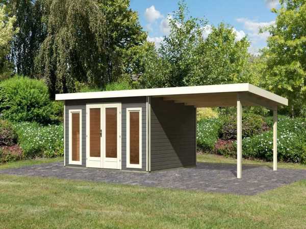 Gartenhaus SET Radeburg 2 40 mm terragrau inkl. 3,3 m Anbaudach