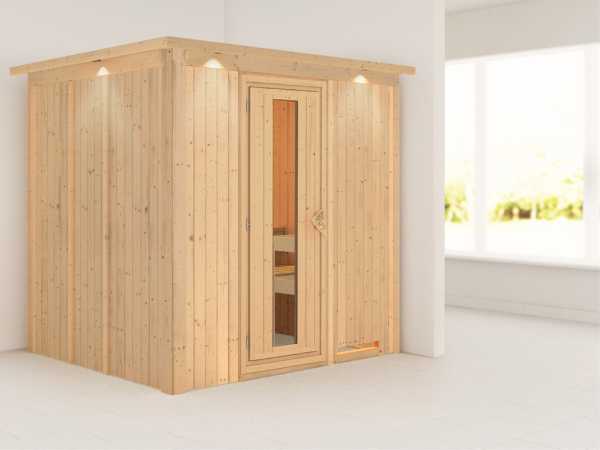 Systemsauna Sodin mit Dachkranz, Holztür mit Isolierglas