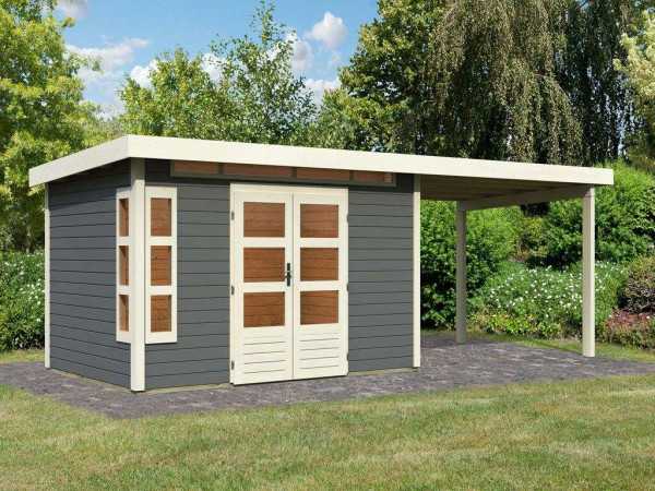 Gartenhaus SET Kastorf 7 28 mm terragrau inkl. 3,2 m Anbaudach