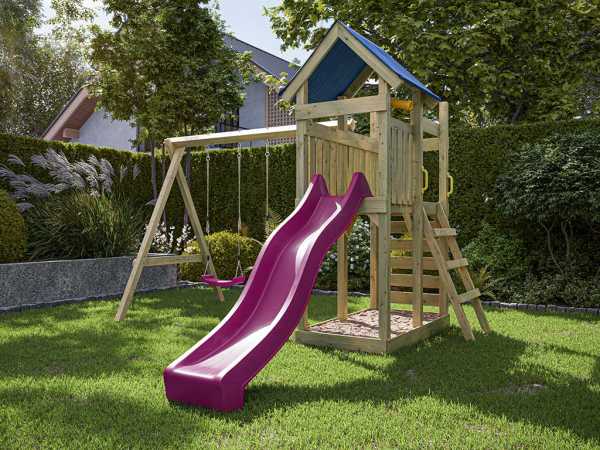 Spielturm Speedy KDI inkl. Doppelschaukel inkl. Rutsche pink + Sitze pink