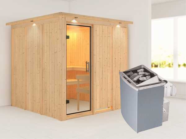Sauna Systemsauna Rodin mit Dachkranz, Klarglas Ganzglastür + 9 kW Saunaofen mit Steuerung