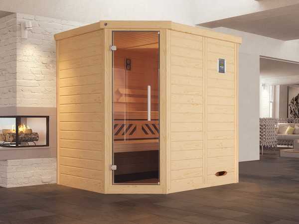 Sauna Massivholz-Elementsauna Kemi Eck inkl. Edelstahlset + Komfortpaket