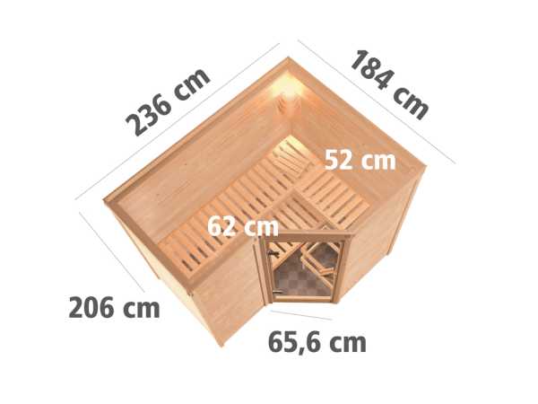Massivholzsauna Sahib 2 graphit Ganzglastür, inkl. 9 kW Bio-Ofen ext. Steuerung