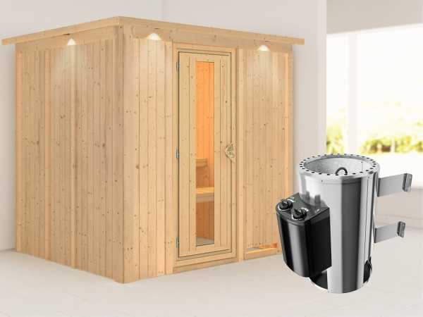 Sauna Systemsauna Daria mit Dachkranz, Energiespartür + Plug & Play Saunaofen mit Steuerung