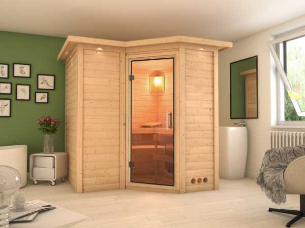 Sauna Massivholzsauna Sahib 1 mit Dachkranz, Klarglas Ganzglastür