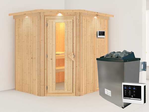 Sauna Systemsauna Siirin mit Dachkranz, inkl. 9 kW Ofen mit externer Steuerung