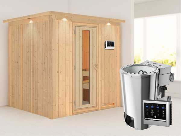 Sauna Systemsauna Daria mit Dachkranz, Energiespartür, Plug & Play Bio-Ofen mit externer Steuerung