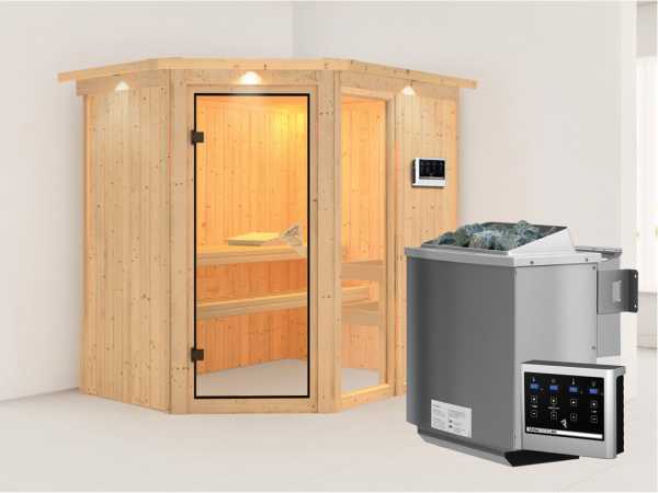 Sauna Systemsauna Fiona 1 mit Dachkranz, inkl. 9 kW Bio-Kombiofen ext. Steuerung
