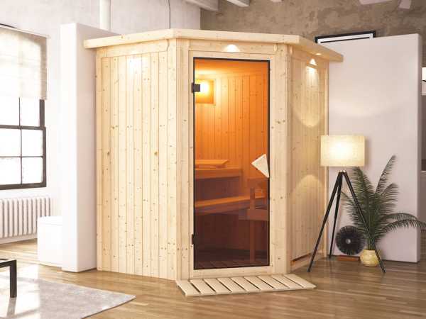 Systemsauna Taurin mit Dachkranz, bronzierte Ganzglastür