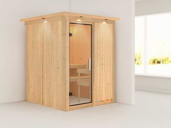 Sauna Systemsauna Minja mit Dachkranz, Klarglas Ganzglastür