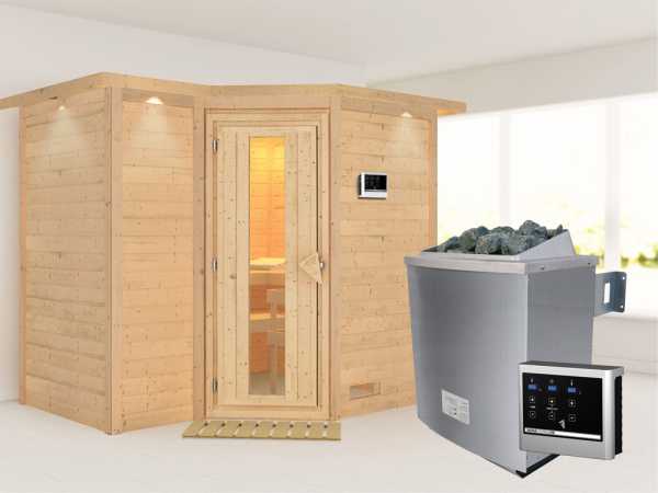 Massivholzsauna Sahib 2 mit Dachkranz, Holztür mit Isolierglas, inkl. 9 kW Ofen ext. Steuerung